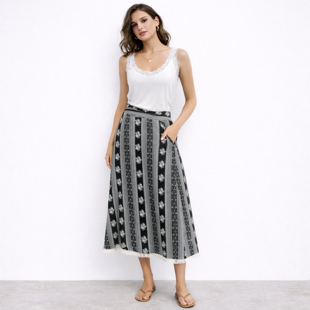 Baranda Women's Skirt‎ Vintage Milkmaid Striped Floral Lace Trim WhimsyGoth 10